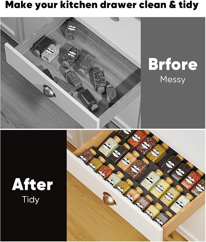 Spice Drawer Organizer, Spice Rack Tray for Kitchen Cabinet, Expandable Seasoning Storage Rack Insert for Drawer/Countertop,6 Pieces Set, ABS (Jars Not Included)