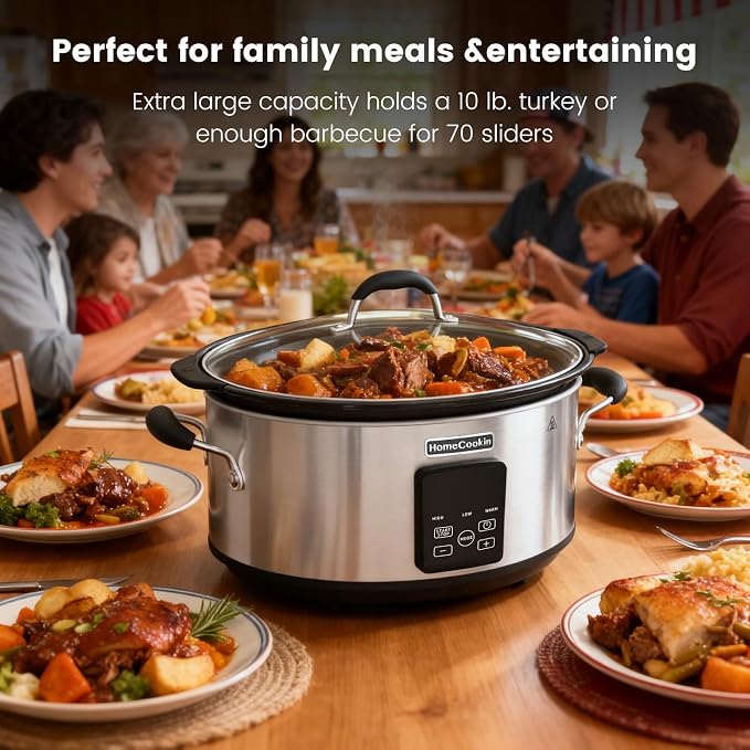 HOMECOOKIN Slow Cooker, Extra Large 10 Quart Programmable Slow Cookers with Timer, Dishwasher Safe Glass Lid & Crock, Kitchen Appliance for Families and Gatherings, Stainless Steel