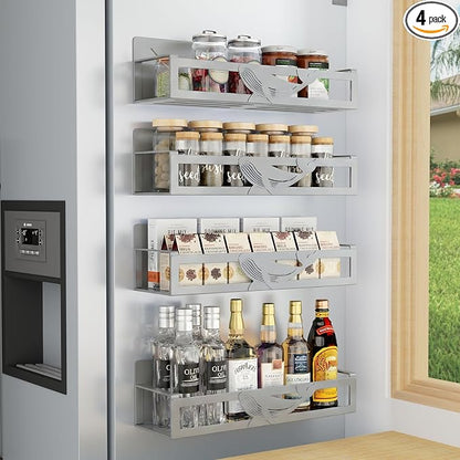 Magnetic Spice Rack for Refrigerator, 4 Pack Metal Magnetic Shelf Organizer for Fridge Side, Strong Spice Storage Rack for Kitchen, Gray