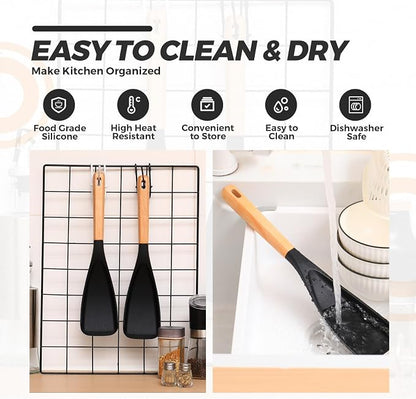 Reallnaive 4 Pack Cooking Spatula Spoon for Nonstick Cookware 12 Inch Silicone Multifunction Kitchen Spoon with Wood Handle for Cooking Serving Mixing Scoop and Scrape for Pots Pans Skillets (Black)