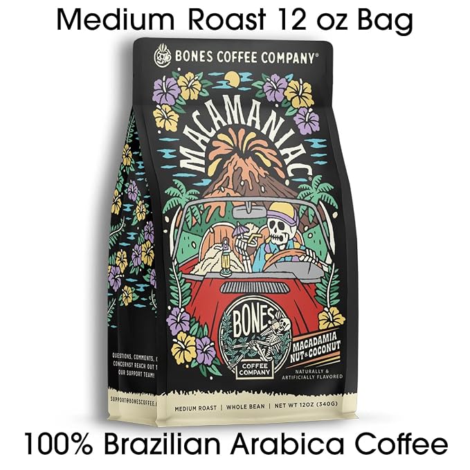 Bones Coffee Company Macamaniac, Macadamia and Coconut Flavored Coffee, Medium Roast Low Acid Arabica Beans Compatible with Auto drip and French Press Coffee Maker, 12 Oz Ground