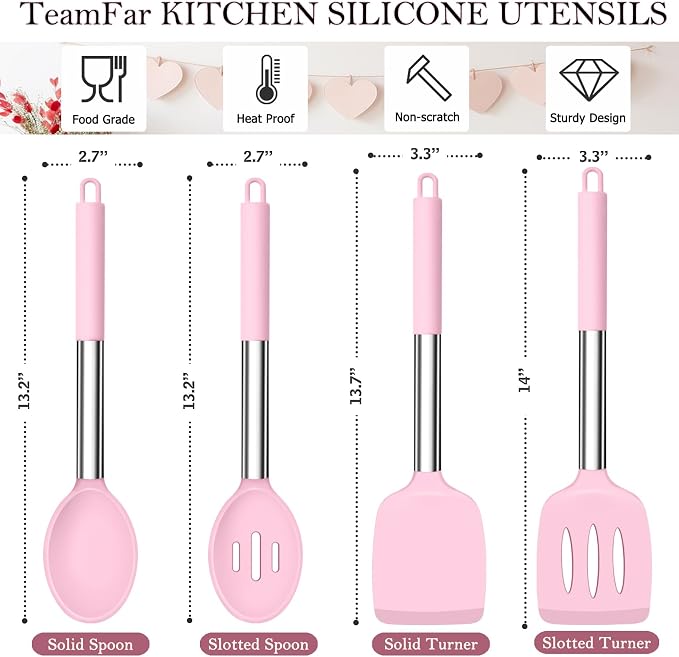 TeamFar Kitchen Utensils, 4 PCS Silicone Cooking Utensils Spatula Spoon Set with Stainless Steel Handle, for Frying Mixing Draining Turning, Healthy & Heat-proof, Non-stick & Dishwasher Safe - Pink