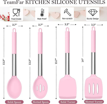 TeamFar Kitchen Utensils, 4 PCS Silicone Cooking Utensils Spatula Spoon Set with Stainless Steel Handle, for Frying Mixing Draining Turning, Healthy & Heat-proof, Non-stick & Dishwasher Safe - Pink