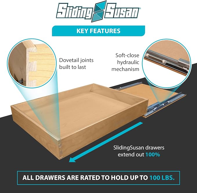 SlidingSusan Hard Maple Pull Out Cabinet Drawer Organizer 20 Inch Wide x 21 Inch Deep Soft Close Sliding Shelf for Kitchen Cabinets, Pantry & Storage Areas, Heavy Duty Wooden Pullout Inserts