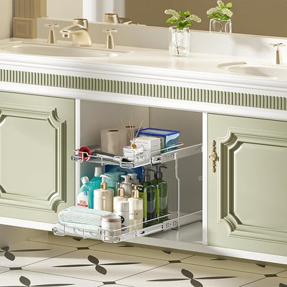Delamu Pull Out Cabinet Organizer 2-Tier 14" W x 21" D Heavy Duty Chrome-Plated Slide Out Drawers, Kitchen Drawer Organizer Pull Out Shelves for Pots & Pans, Home Pantry Cans & Spices, Silver