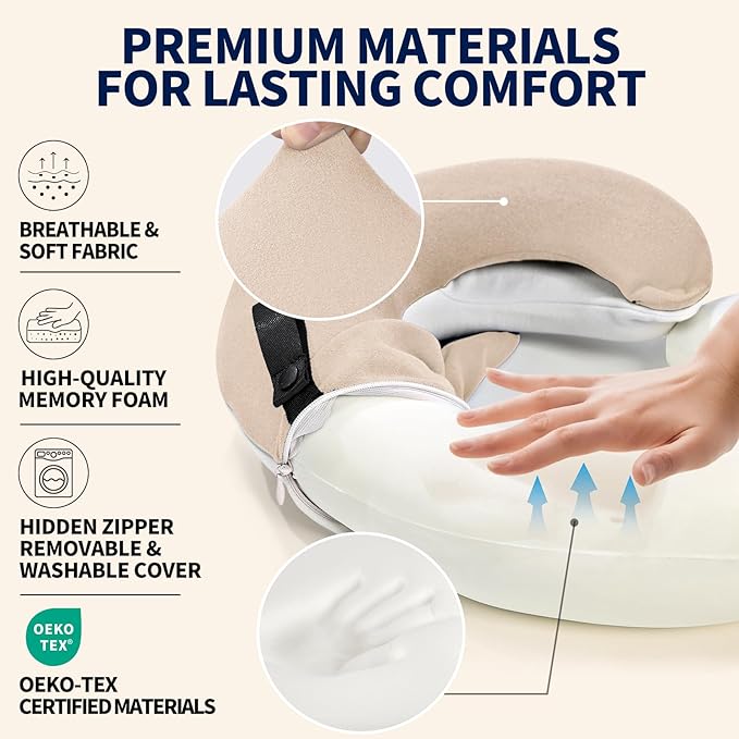 BUYUE Travel Neck Pillows for Airplanes, Memory Foam 360° Head Support Sleep for Long Flight, Skin-Friendly & Breathable, Kit with Eye Mask, Earplugs and Storage Bag (Adult, Beige, 90+ lbs)