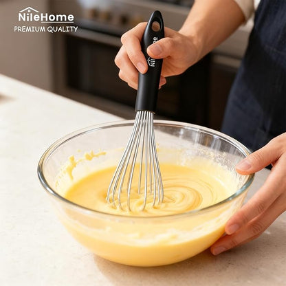 NileHome Silicone Whisk 10", Kitchen Whisk Kitchen Wisk Wire Whisks for Cooking, Whisking, Blending, Beating, Stirring-Black Silver