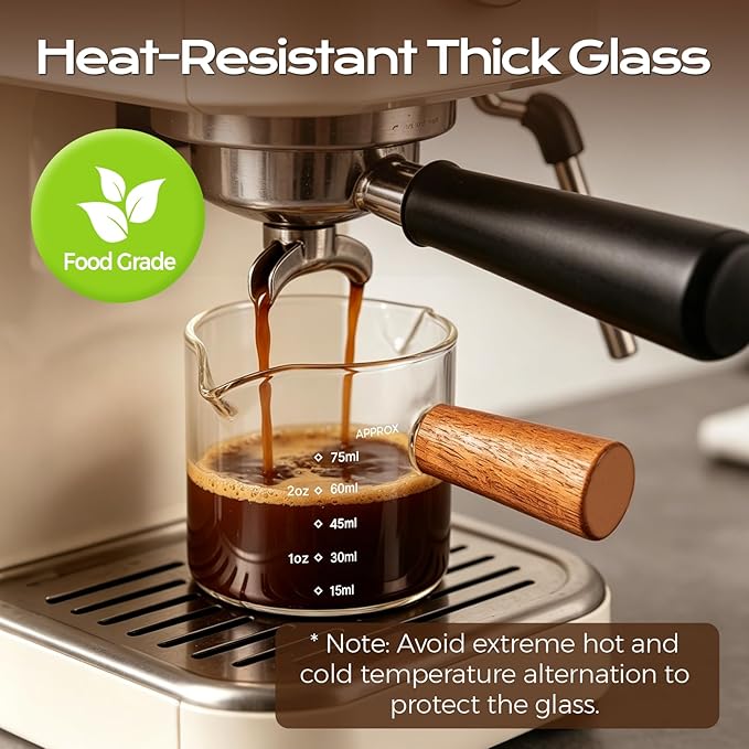 YARRAMATE 2.5 oz/75ML Espresso Shots Cup with Wooden Handle, Clear Glass Demitasse Cup with Dual Scale Markings for Coffee Extraction (2 Pack, Double Spout)
