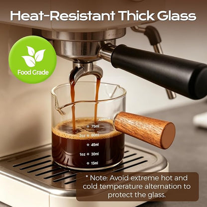 YARRAMATE 2.5 oz/75ML Espresso Shots Cup with Wooden Handle, Clear Glass Demitasse Cup with Dual Scale Markings for Coffee Extraction (1 Pack, Double Spout)