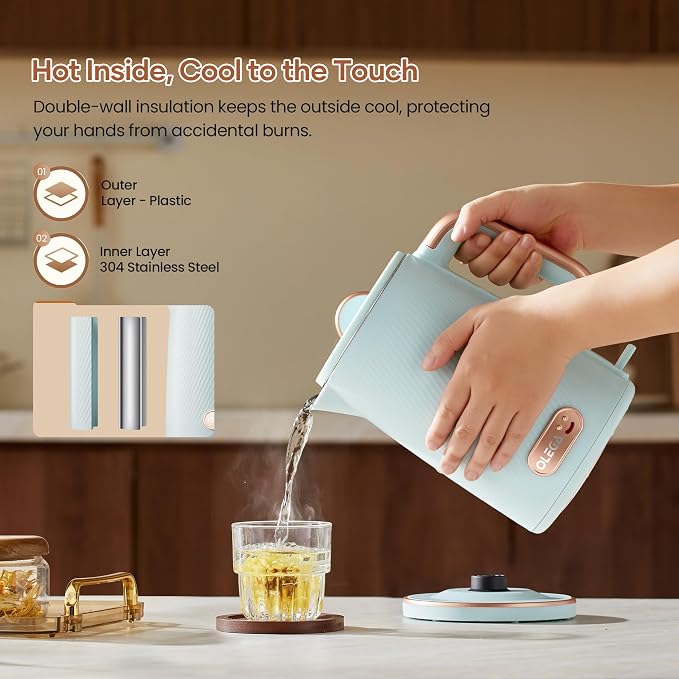 OLEGA Electric Kettle: 1200W Fast Boil Electric Water Kettles, 1.5L Double Wall Stainless Steel Tea Kettle, Auto Shut-Off, BPA-Free Hot Water Boiler Teapot for Coffee & Tea -Light Blue