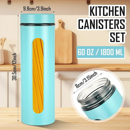 Mimorou 3 Pcs Stainless Steel Canister Set with Glass Windows Visible Storage Jars Silver Kitchen Canister Set for Pasta Flour Oat Sugar Container, Kitchen Tools, Housewarming Gifts(Turquoise,60 oz)