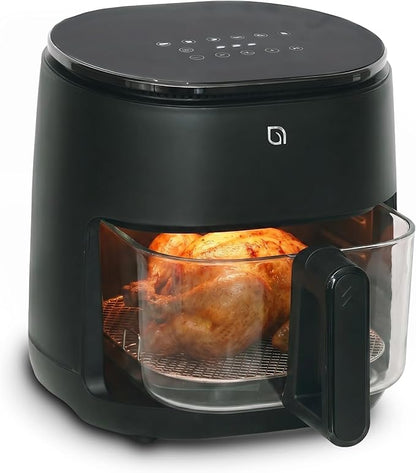 WILLOW Eco Series 6 in 1 Air Fryer with Glass Basket, 5 Quart Non Toxic Glass Air Fryer w Digital Display, 430°F Max Temp, Preheat & Keep Warm Function, Compact + Dishwasher Safe Airfryer -BLACK