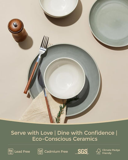 Pokini Stoneware Dinnerware Sets for 6, Microwave Safe Plate and Bowl Set, Easy to Clean & Durable Dishes Sets for Small to Medium Families, Gray Green