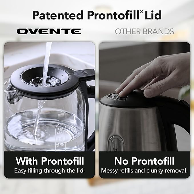 OVENTE Electric Kettle with 1.5L Borosilicate Glass, 1500W Fast Boiling Water Heater for Coffee or Tea, Easy to Fill Lid, Auto Shut-Off, Boil-Dry Protection & Stainless Steel Filter, Black KG516B