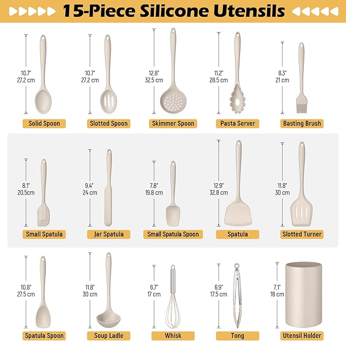 Homikit 15-Piece Kitchen Cooking Utensils Set with Holder, Heat Resistant Food Grade Silicone Kitchen Utensils include Slotted Spatula Ladle Turner for Nonstick Cookware, Dishwasher Safe- Khaki