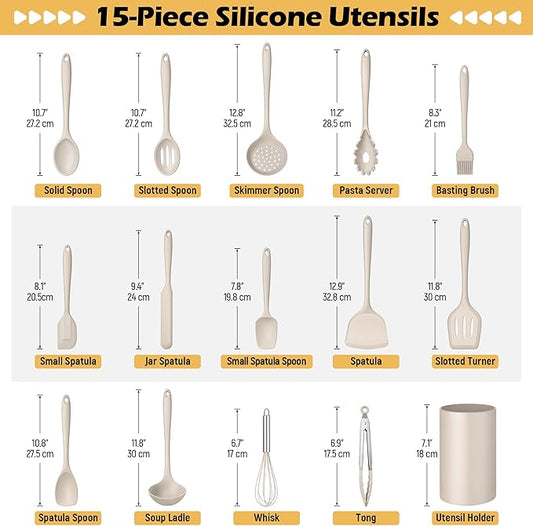 Homikit 15-Piece Kitchen Cooking Utensils Set with Holder, Heat Resistant Food Grade Silicone Kitchen Utensils include Slotted Spatula Ladle Turner for Nonstick Cookware, Dishwasher Safe- Khaki