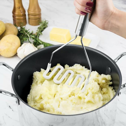 Tovolo Silicone Cooking Utensil Set of 6 Stainless Steel Handle Ladle Slotted Turner Tongs Flex Core Spatula Scraper Mixing Spoon & Potato Masher, Dishwasher Safe BPA Free Utensils, White