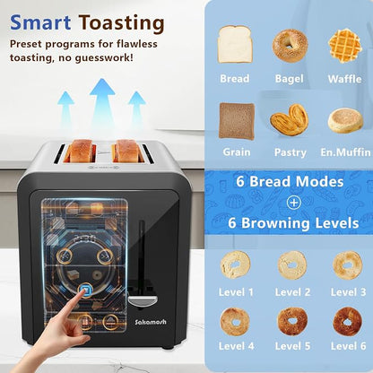 SAKAMOSH 2 Slice Touch Screen Toaster 1.3" Wide Slots for Bagels, Smart Digital Display Toaster with 6 Browning Levels & 6 Bread Types, Memory, Defrost, Reheat, Stainless Steel, 800W