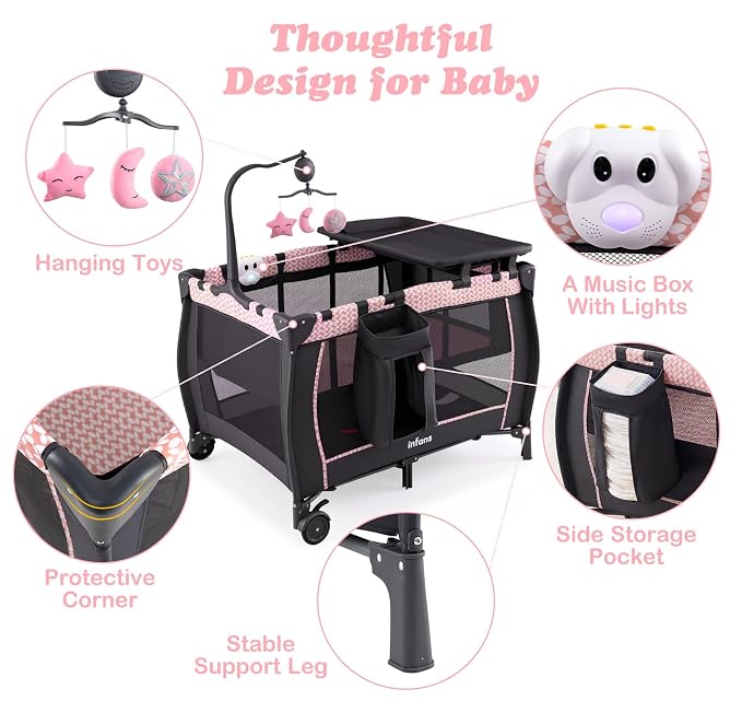 INFANS 3 in 1 Pack and Play, Portable Travel Baby Bassinet with Detachable Mattress, Changing Table, Foldable Playpen with Carry Bag, 2 Wheels (Pink Stripes)