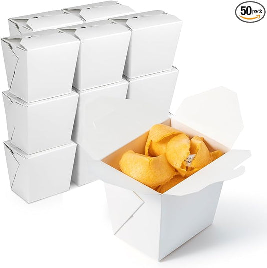 Fit Meal Prep 16 oz Chinese Take Out Boxes 50 Pack Plain White Paperboard Food Containers, Leak and Grease Resistant Pint Size Asian Rectangle To Go Boxes, Candy Buffet Box and Party Favors
