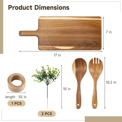 Wooden Cutting Board Set, Solid Wood Chopping & Serving Board with Salad Spoon & Fork, Decorative Kitchen Platter for Housewarming, Wedding, New Home or Family Kitchen Essential