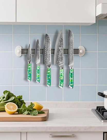 Chef Cooking Knives Set- Kitchen Knife Set of 5 Piece - Ultra-Sharp VG10 Damascus Steel & Resin Handle - Xuan Series (Jade Green)