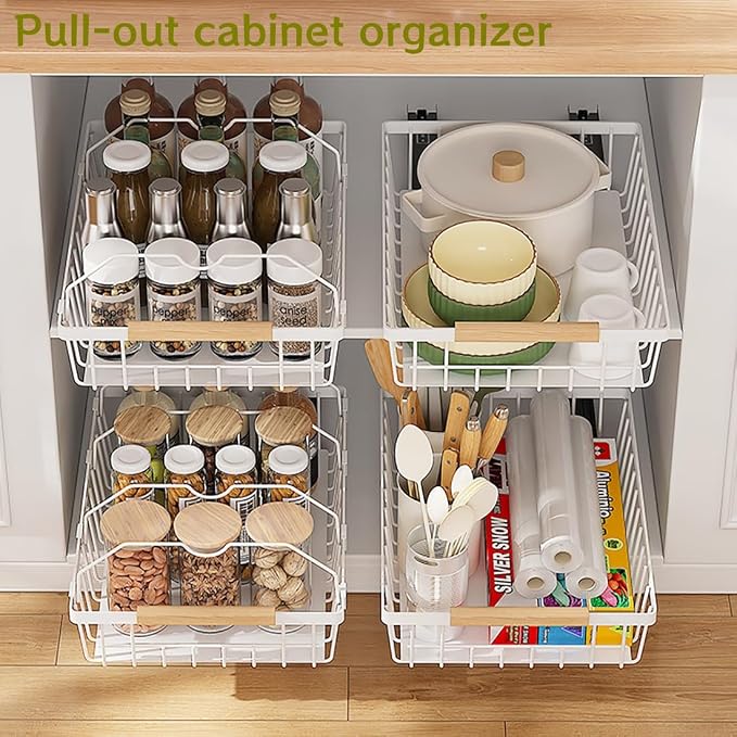 2 Pack No Drill Pull Out Cabinet Organizer, Premium Carbon Steel Slide-Out Drawers with Strong Nano Adhesive, Under Cabinet Storage for Kitchen, Pantry, Bathroom, White