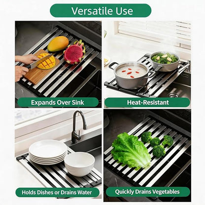 Over The Sink Dish Drying Rack, 17.7"x12.8" Stainless Steel Sink Cover & Dish Rack Over Sink, Heavy-Duty Non-Slip Drying Rack Kitchen Accessories, Foldable in Sink Dish Drying Rack