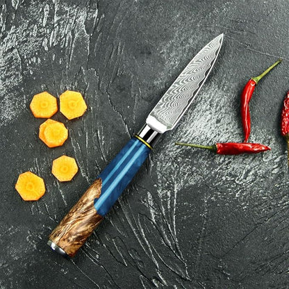 Seido Knives 7-Piece Executive Damascus Steel Knife Set with Japanese VG-10 Super Steel Core - Home Kitchen Knife Set - Professional Design Handle Blue Resin Epoxy and Strong Stabilized Wood