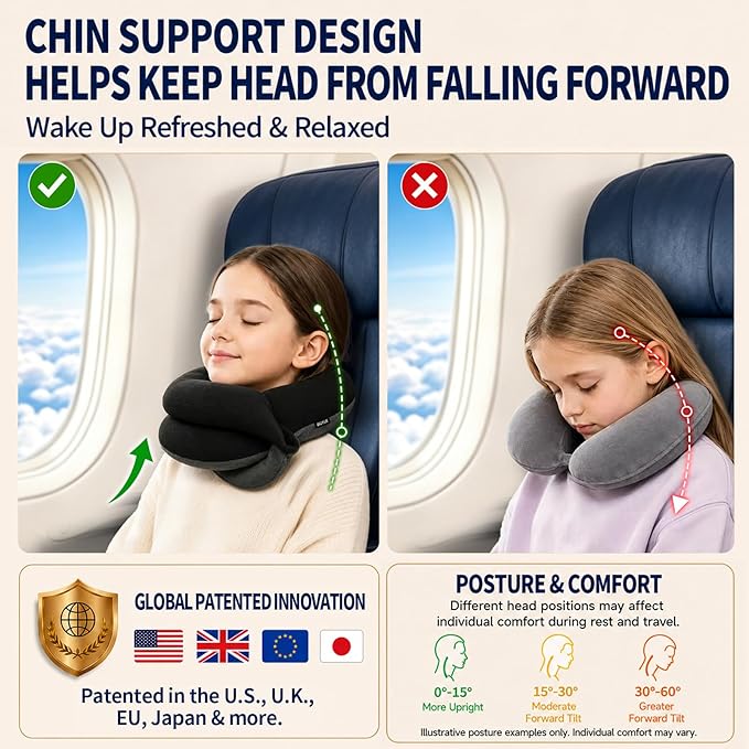 BUYUE Kids Travel Pillows for Airplane, Memory Foam 360° Head Support Sleeping Essentials for Long Flight, Skin-Friendly Soft Neck Pillow for Traveling in Car Seat, (Small, Black Grey, 40-90 lbs)