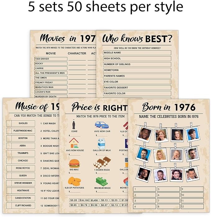 QUPT 50th Birthday Party Games, Born in 1976 Games Bundle, Set of 5 Activities for 10 Guests, Birthday Party Supplies for Adults, Pack of 50 Cards