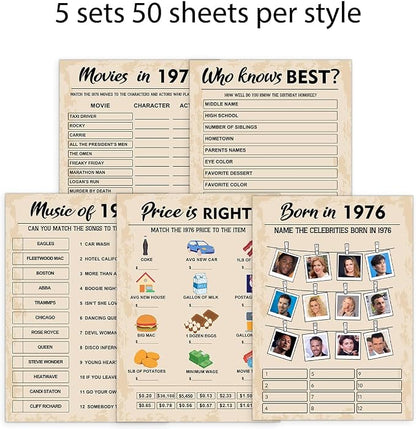 QUPT 50th Birthday Party Games, Born in 1976 Games Bundle, Set of 5 Activities for 10 Guests, Birthday Party Supplies for Adults, Pack of 50 Cards