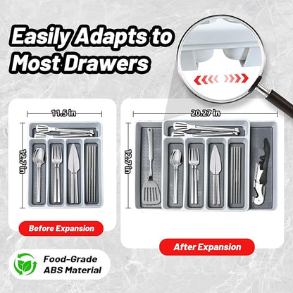 Non-Slip Expandable Silverware Drawer Organizer,7 Compartment Tasteless Large Capacity Thick Plastic Flatware Divider for Silverware, Stationery, Cosmetics – Minimalist Design and Premium Feel