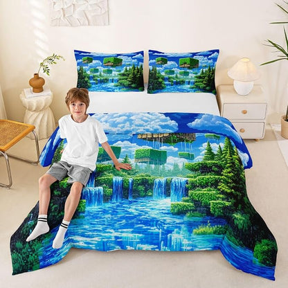 Manfei Pixelated Games Full Size Comforter Set,Pixel Grid Gamepad Bedding Comforters Bedroom Collection,Abstract Geometric Duvet Insert,Army Camo Room Decor 3 Pcs Bedding Set for Girls Teens