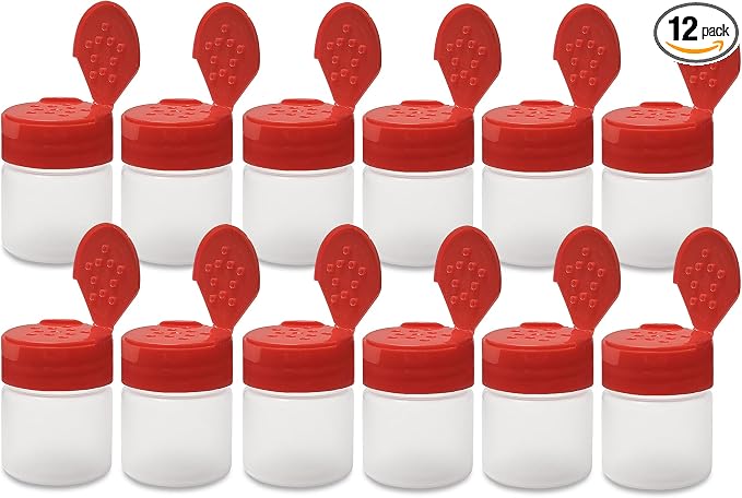 ljdeals 1 oz Plastic Spice Jars with Red Flip & Sift Caps – 12 Pack Empty Spice Bottles for Herbs, Seasonings, Powders, Camping, Travel, Kitchen, Restaurant Use – BPA-Free, Recyclable, Made in USA