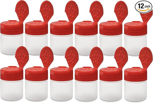 ljdeals 1 oz Plastic Spice Jars with Red Flip & Sift Caps – 12 Pack Empty Spice Bottles for Herbs, Seasonings, Powders, Camping, Travel, Kitchen, Restaurant Use – BPA-Free, Recyclable, Made in USA