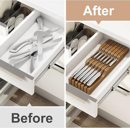 In-Drawer Knife Block Organizer - Bamboo Wood Drawer Knife Organizer-Protecting Knife Organizer Block (Not Included) (Brown, 13 Knives Dock)