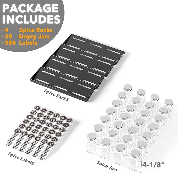 SpaceAid Spice Drawer Organizer with 28 Spice Jars, Bamboo Drawer Dividers with Inserts 4 Dividers with 9 Inserts (17-22 in)