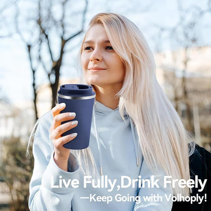 Volhoply 12 oz Double Wall Insulated Vacuum Travel Coffee Mugs with Flip Lid Bulk 2 Pack,Reusable Stainless Steel Leak Proof Coffee Cup,Portable Cafe Thermal Tumbler for Hot & Cold Drinks(Navy,2 Set)