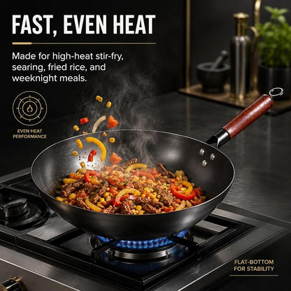Calmabode 13” Large Flat Bottom Carbon Steel Wok with Glass Lid | Large deep wok, pre-seasoned nitrided carbon steel, amber glass lid, ideal for big family stir-fry, frying and hearty meals