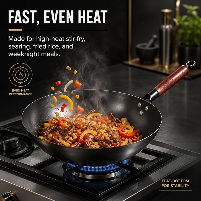 Calmabode 12” Flat Bottom Carbon Steel Wok with Glass Lid | Pre-seasoned nitrided carbon steel, amber glass lid, even heat base, ideal for wok hei, stir-fry and family meals