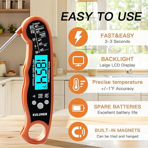 KULUNER Digital Meat Thermometer Instant Read, Orange Waterproof Food Thermometer with 4.6" Folding Probe, Backlight & Calibration, 2-3s Fast Reading for Kitchen BBQ Grilling Cooking - Orange