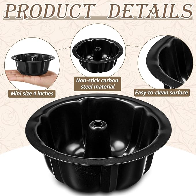 Ctosree 8 Pcs Fluted Mini Cake Pan 4 Inches Nonstick Fluted Cake Pan Carbon Steel Tube Metal Tube Oven Baking Mold with Flower Shape for Cupcake, Black
