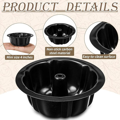 Ctosree 8 Pcs Fluted Mini Cake Pan 4 Inches Nonstick Fluted Cake Pan Carbon Steel Tube Metal Tube Oven Baking Mold with Flower Shape for Cupcake, Black