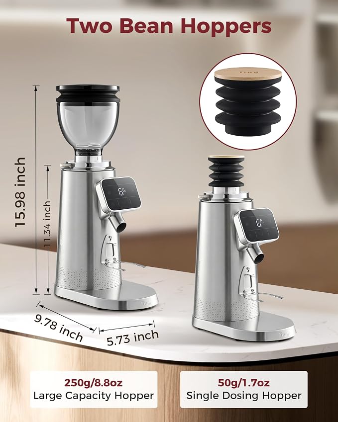 Tuni G3 64mm Flat Burr Coffee Grinder, 100 Grind Settings Electric Espresso Grinder with Single Dose Set | Commercial Grade Precision, Touchscreen | Anti-Static Tech | Stainless Steel (Silver)