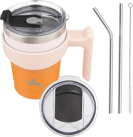 Konokyo 10 oz Tumbler with Handle and 2 Straw 2 Lid, Insulated Water Bottle Stainless Steel Vacuum Cup Reusable Travel Mug,Coral