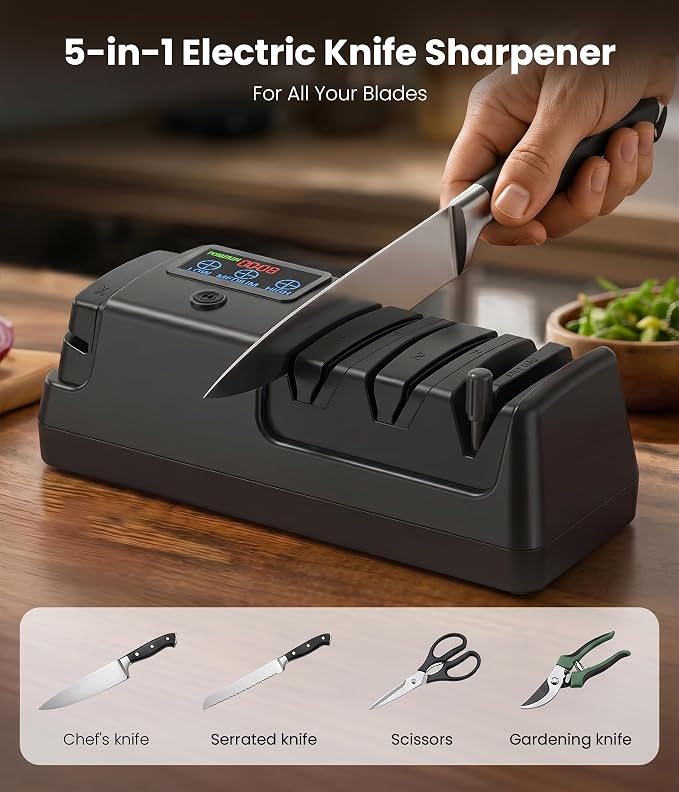 Electric Knife Sharpener for Kitchen - Professional 3-Stage Sharpening for Straight-Edge & Serrated Knives and Scissors, with 100% Diamond Abrasive (Black)
