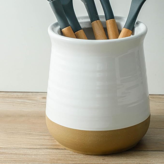 HASENSE Large Utensil Holder, White Cooking Utensil Crock for Kitchen Counter, 7.1" Ceramic Utensil Organizer Caddy for Kitchen Utensil Set, Vintage Decor