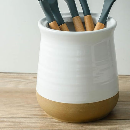 HASENSE Large Utensil Holder, White Cooking Utensil Crock for Kitchen Counter, 7.1" Ceramic Utensil Organizer Caddy for Kitchen Utensil Set, Vintage Decor