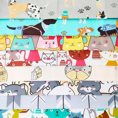 8 pcs/lot Fat Quarter Fabric Bundles 100% Cotton 19.69'' x 19.69'' (50 x 50cm) Cotton Fabric Pre-Cut Squares Sheets for Patchwork Sewing Quilting Crafting, Dog Cat Pattern.